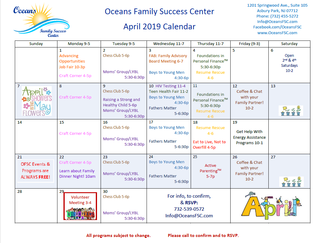 April Calendar of Events Oceans Family Success Center